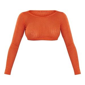 PrettyLittleThing Bright Orange Fine Ladder Knitted Long Sleeve Crop Top Small
